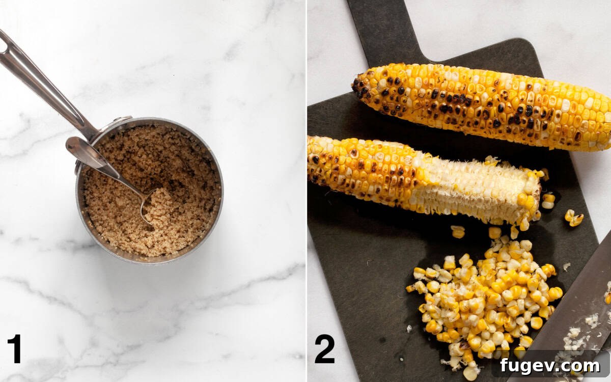 Golden Corn Blueberry Medley 4 Two images side by side: one showing cooked quinoa in a pot, and the other showing grilled corn kernels freshly sliced off the cob.