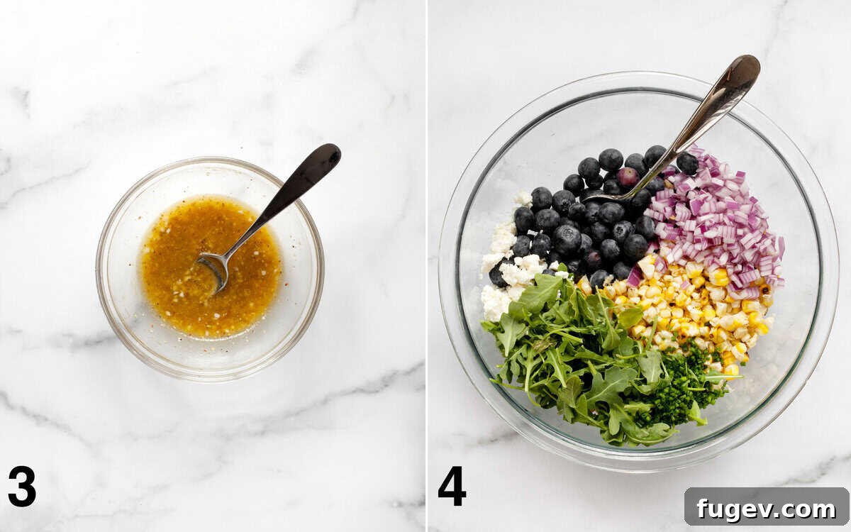 Golden Corn Blueberry Medley 5 Two images side by side: one showing the zesty lemon vinaigrette in a small bowl, and the other displaying all the salad ingredients (blueberries, corn, quinoa, arugula, feta) combined in a large mixing bowl.