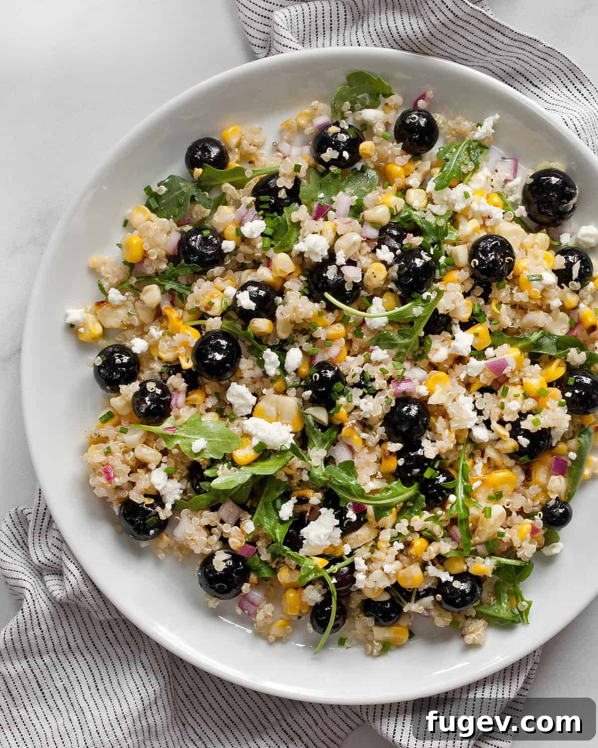 Golden Corn Blueberry Medley 7 A single serving of blueberry corn salad with quinoa beautifully arranged on a white plate, ready to eat.