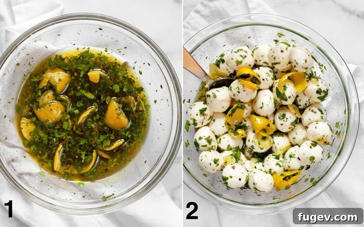 Zesty Mozzarella Pearls 4 Close-up of marinade mixed in a bowl, then fresh mozzarella balls stirred into the marinade.
