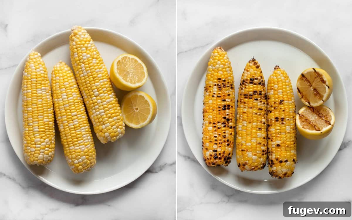 Sunshine Succotash with Edamame and Corn 5 Before and after comparison of corn and lemon, showing the grilling process.