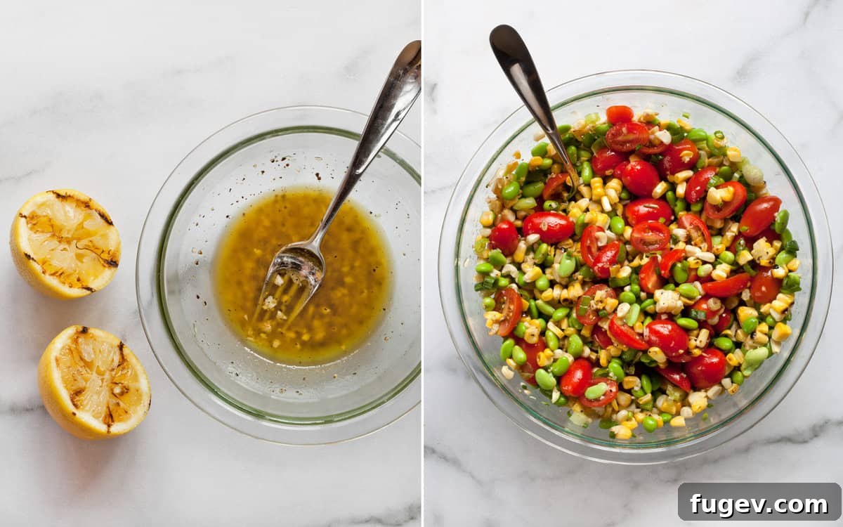 Sunshine Succotash with Edamame and Corn 6 The process of whisking the dressing and then stirring it into the bowl of succotash ingredients.