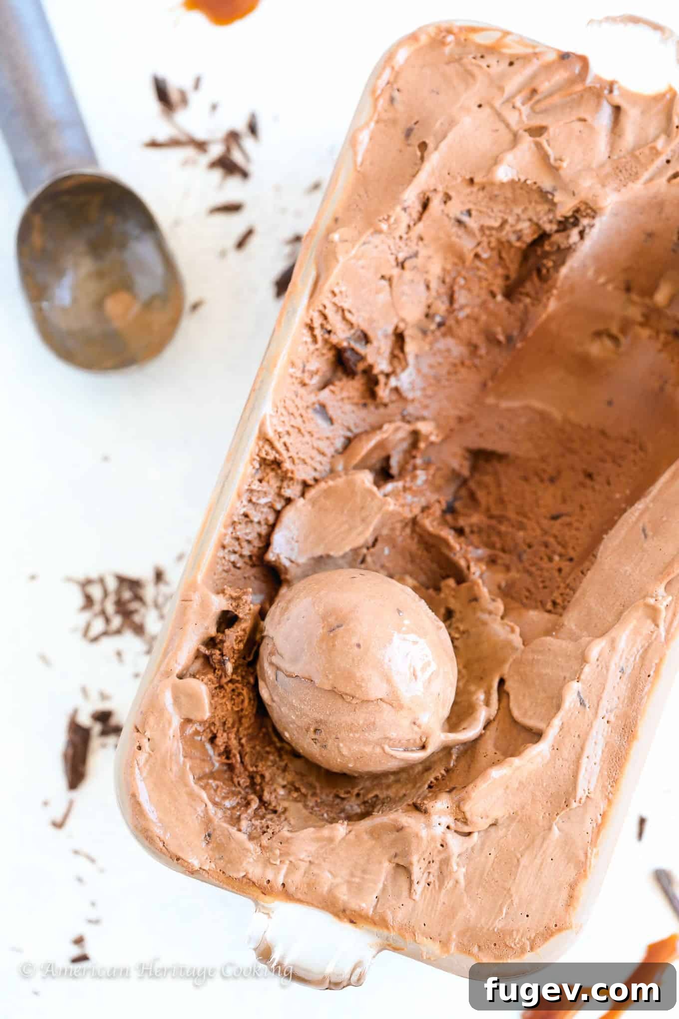 Decadent Double Chocolate Caramel Swirl 3 A scoop of Double Chocolate Caramel Ice Cream, showcasing its rich texture and caramel swirls.