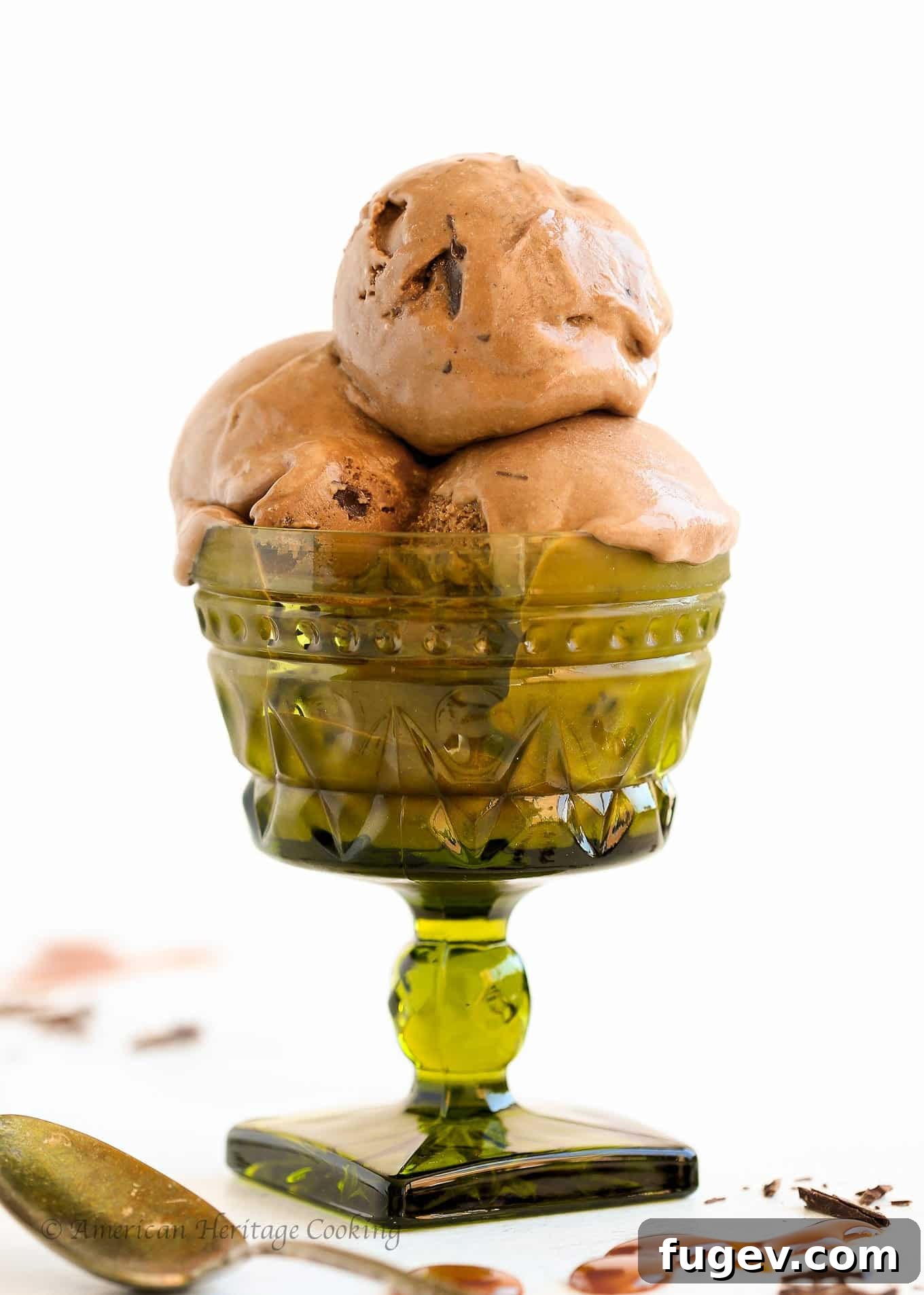 Decadent Double Chocolate Caramel Swirl 4 Close-up of creamy Double Chocolate Caramel Ice Cream with visible caramel ribbons and chocolate pieces.