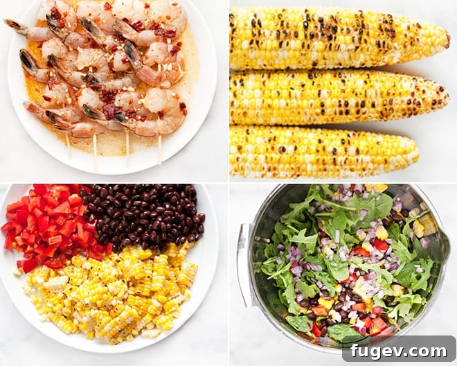 Smoky Chipotle Grilled Shrimp and Fresh Corn Salad 3 Overhead shot of Grilled Chipotle Shrimp & Corn Salad with fresh lime wedges and cilantro garnish.