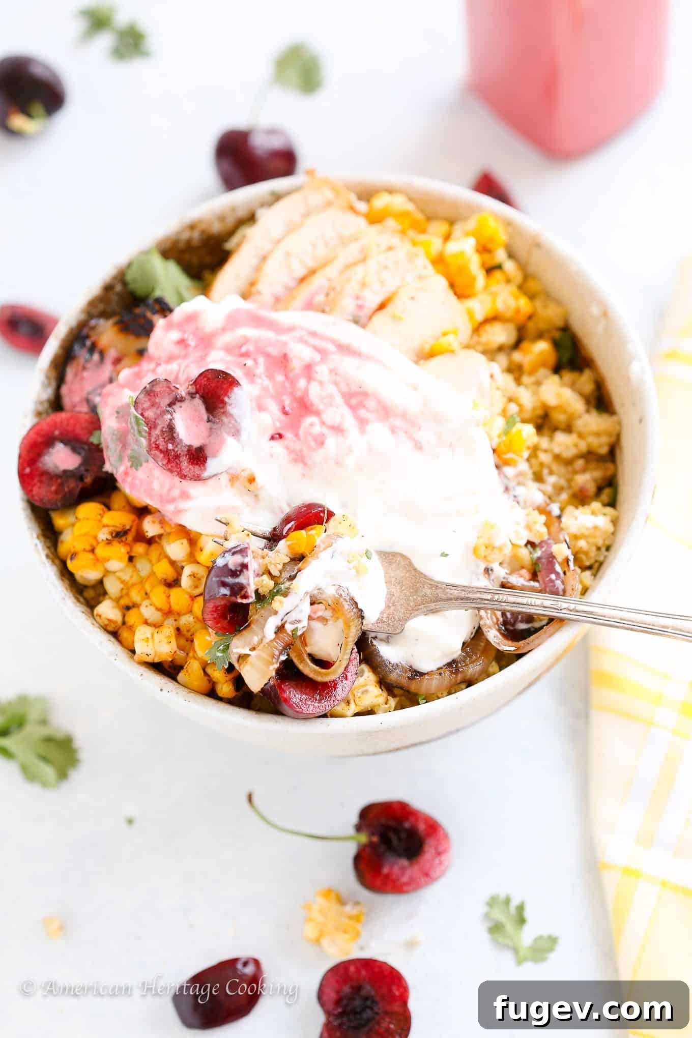 Creamy Burrata Cherry Millet Bowl 4 A vibrant overhead shot of the Cherry Burrata Millet Grain Bowl, showcasing all its colorful ingredients.