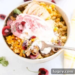 This Cherry Burrata Millet Grain Bowl has nutty millet, grilled red onions, charred shallots, spicy corn, grilled chicken, fresh cherries, creamy Burrata and a bright cherry vinaigrette! It’s the summer bowl to eat on repeat.