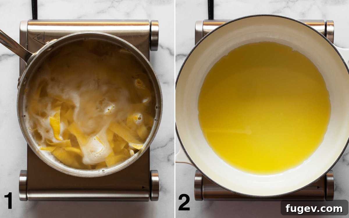 Vibrant Fresh Herb Pappardelle 4 Two images: one showing pasta boiling in a pot, the other showing olive oil heating in a Dutch oven.