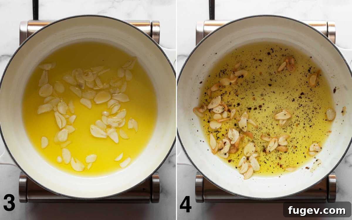 Vibrant Fresh Herb Pappardelle 5 Two images: one showing sliced garlic frying in olive oil, the other showing red pepper flakes, salt, and pepper being stirred into the garlic and oil.