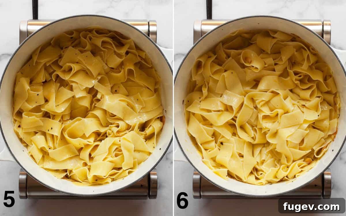 Vibrant Fresh Herb Pappardelle 6 Three images showing the cooking process: stirring pasta into garlic and oil, adding lemon juice and zest, and finally adding pasta cooking water.