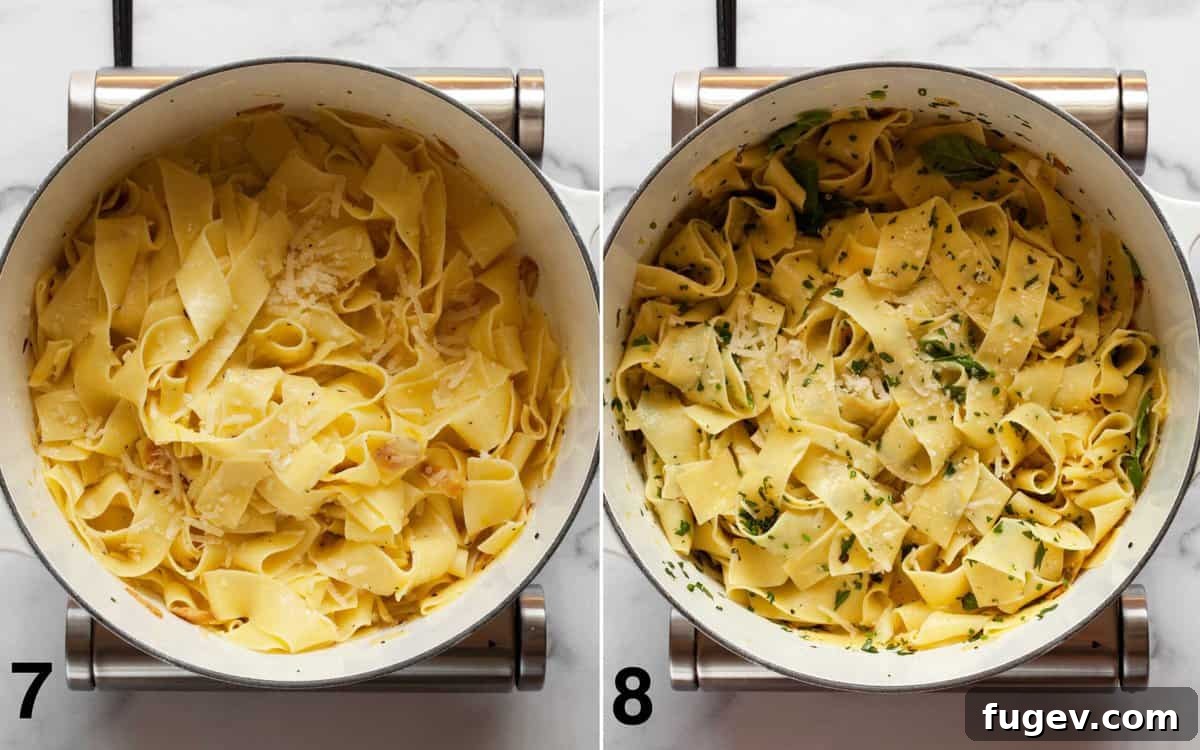 Vibrant Fresh Herb Pappardelle 7 Two images: one showing Parmesan cheese being stirred into the pasta, and the other showing fresh herbs being folded in.