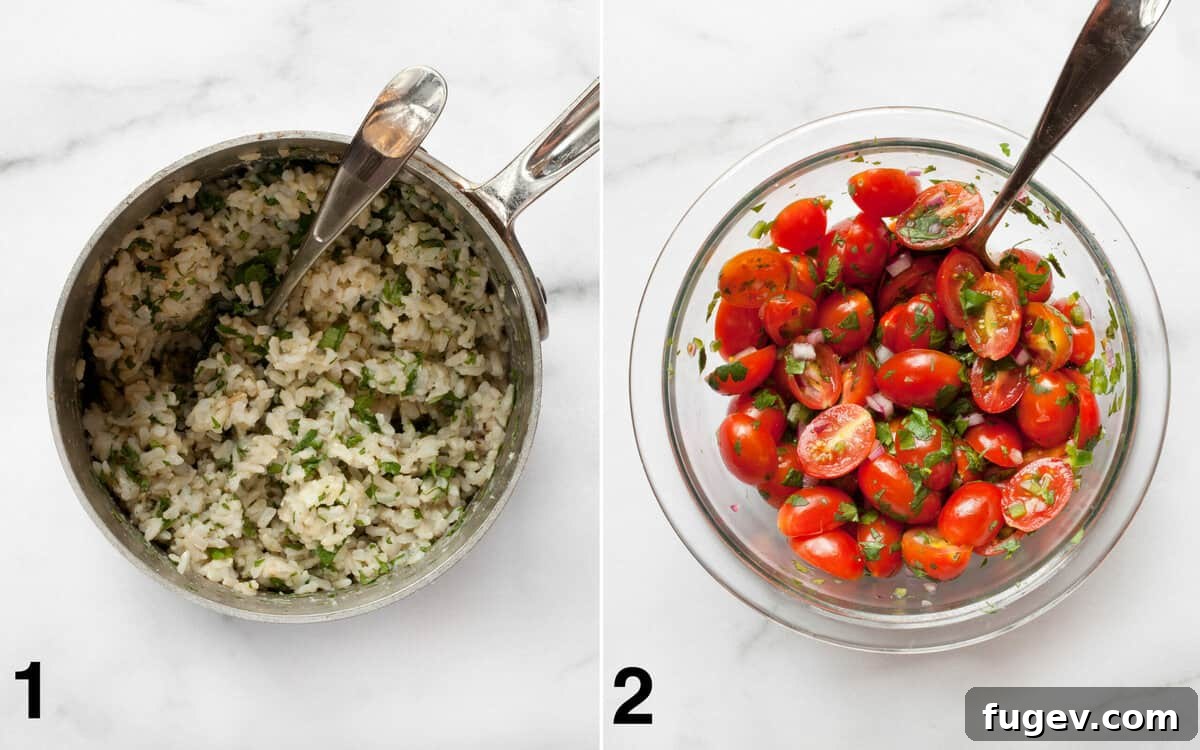 Grilled Garden Burrito Bowl 4 Freshly cooked cilantro lime rice in a small pot next to a bowl of vibrant pico de gallo.