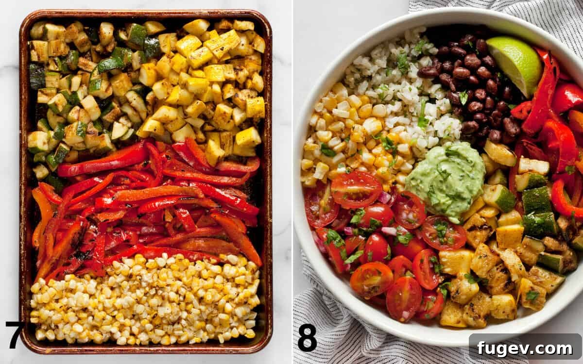 Grilled Garden Burrito Bowl 7 Cut grilled vegetables neatly arranged on a sheet pan, and a fully assembled vegetarian burrito bowl with all its components beautifully presented.