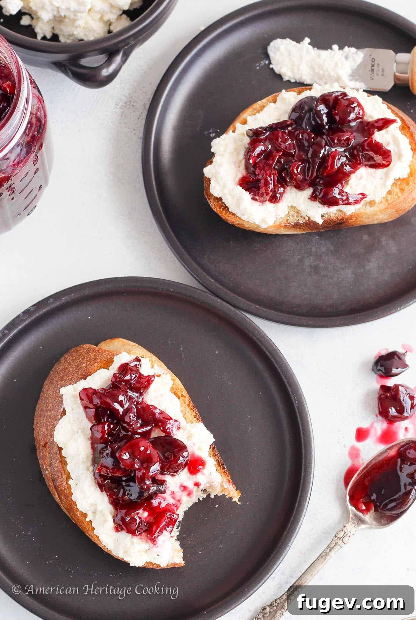 Simply Divine Cherry Jam 6 Five beautifully arranged jars of cherry preserves, highlighting their rich color and homemade appeal. A perfect way to stock up on summer's delicious cherry harvest and enjoy it throughout the year, especially with ricotta toast.