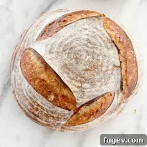 Sourdough Made Simple 8 Whole sourdough loaf on a marble surface with a golden, crispy crust, representing an easy sourdough bread recipe.