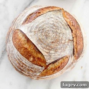 Whole sourdough loaf on a marble surface with a golden, crispy crust, representing an easy sourdough bread recipe.