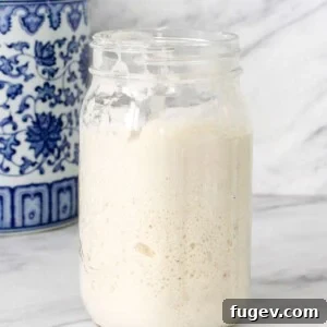 Sourdough starter in a large mason jar, showing activity and bubbles.