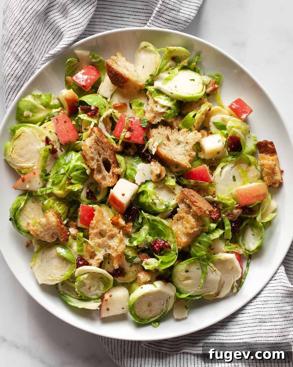 Shaved Brussels Sprout Salad with Crisp Apples and Toasted Walnuts 2 A vibrant Brussels sprout salad, featuring crisp apples, toasted walnuts, and sweet dried cranberries, generously topped with golden sourdough croutons, served beautifully on a white plate, ready to be enjoyed.