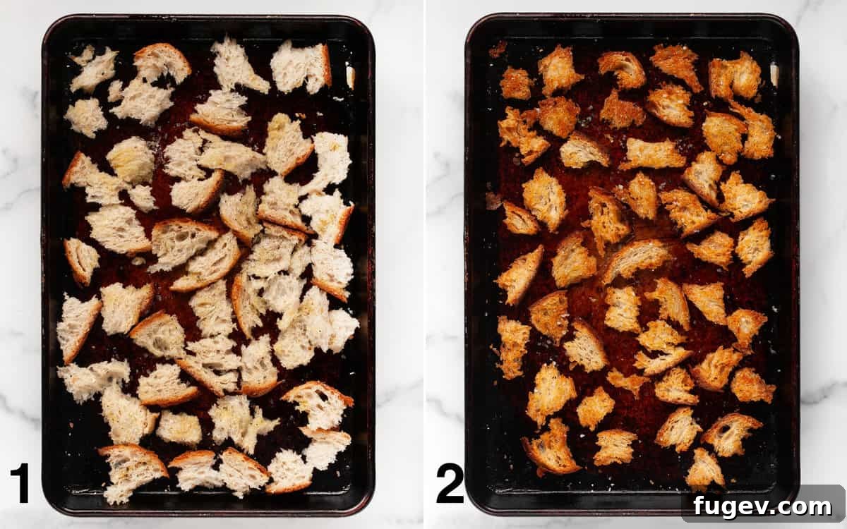 Shaved Brussels Sprout Salad with Crisp Apples and Toasted Walnuts 4 A visual progression showing torn sourdough bread on a sheet pan before and after being toasted to golden perfection as crispy croutons, illustrating the transformation.