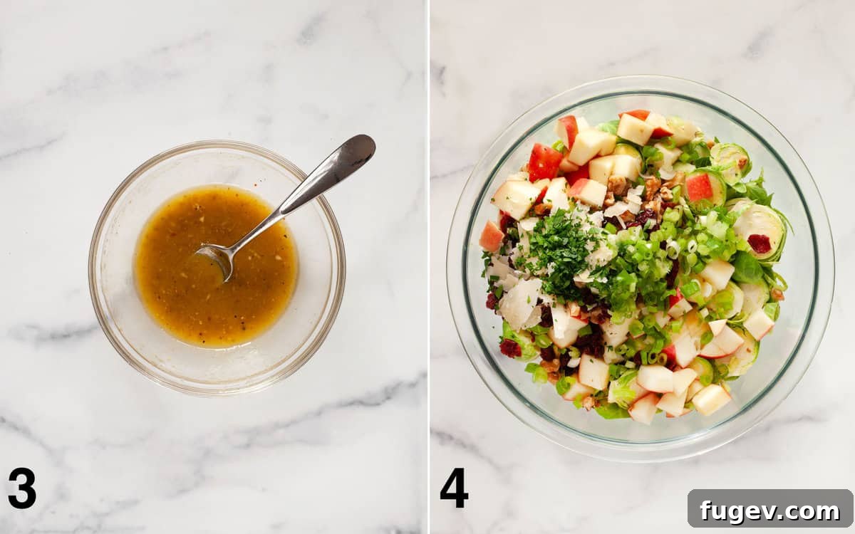 Shaved Brussels Sprout Salad with Crisp Apples and Toasted Walnuts 5 A two-part image illustrating the salad preparation: on the left, a small bowl holds the perfectly whisked white wine vinaigrette; on the right, a large bowl contains all the vibrant salad ingredients—Brussels sprouts, apples, walnuts, and cranberries—combined and ready for dressing.