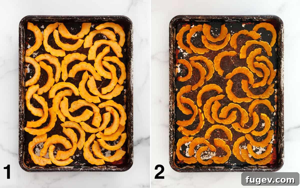 Caramelized Delicata Squash Couscous 4 Delicata squash slices on a sheet pan, showing before and after roasting for perfect caramelization.