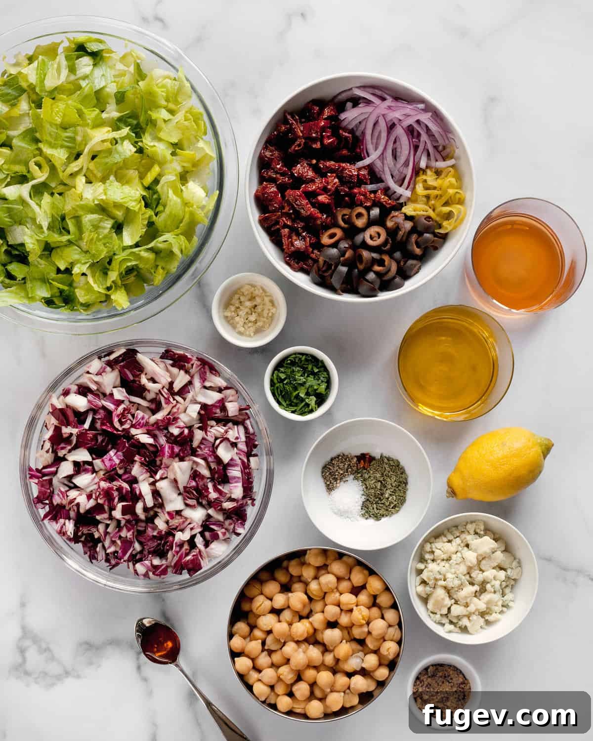 Vibrant Italian Chopped Salad 3 A collection of Italian chopped salad ingredients including romaine, radicchio, chickpeas, red onions, sun-dried tomatoes, pepperoncini, olives, gorgonzola, and parsley.
