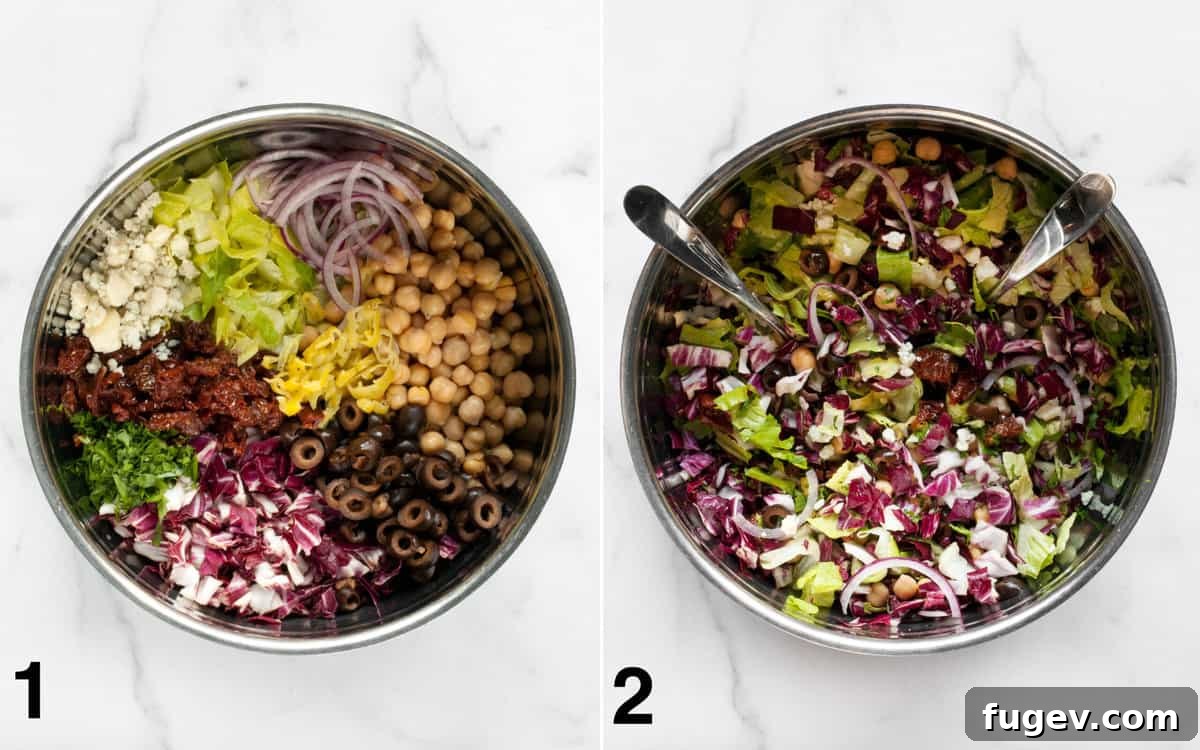 Vibrant Italian Chopped Salad 4 Combine the salad ingredients in a large bowl. Then stir them together to ensure even distribution.