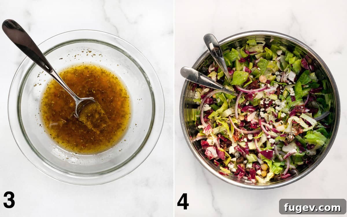 Vibrant Italian Chopped Salad 5 Whisk together the vinaigrette in a small bowl. Then drizzle it into the salad, tossing to combine thoroughly.