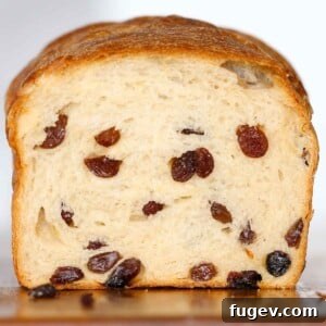 Close-up of a sliced sourdough raisin bread loaf with a dense distribution of raisins.