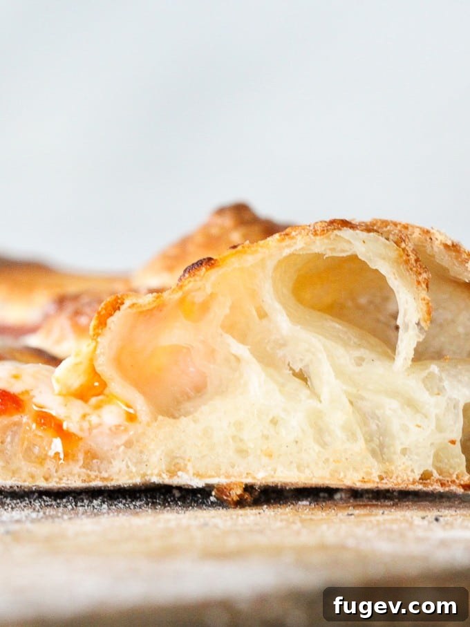 Artisan Sourdough Pizza Dough 4 Crisp and airy sourdough pizza crust with large bubbles visible on the edge, showcasing its perfect texture.