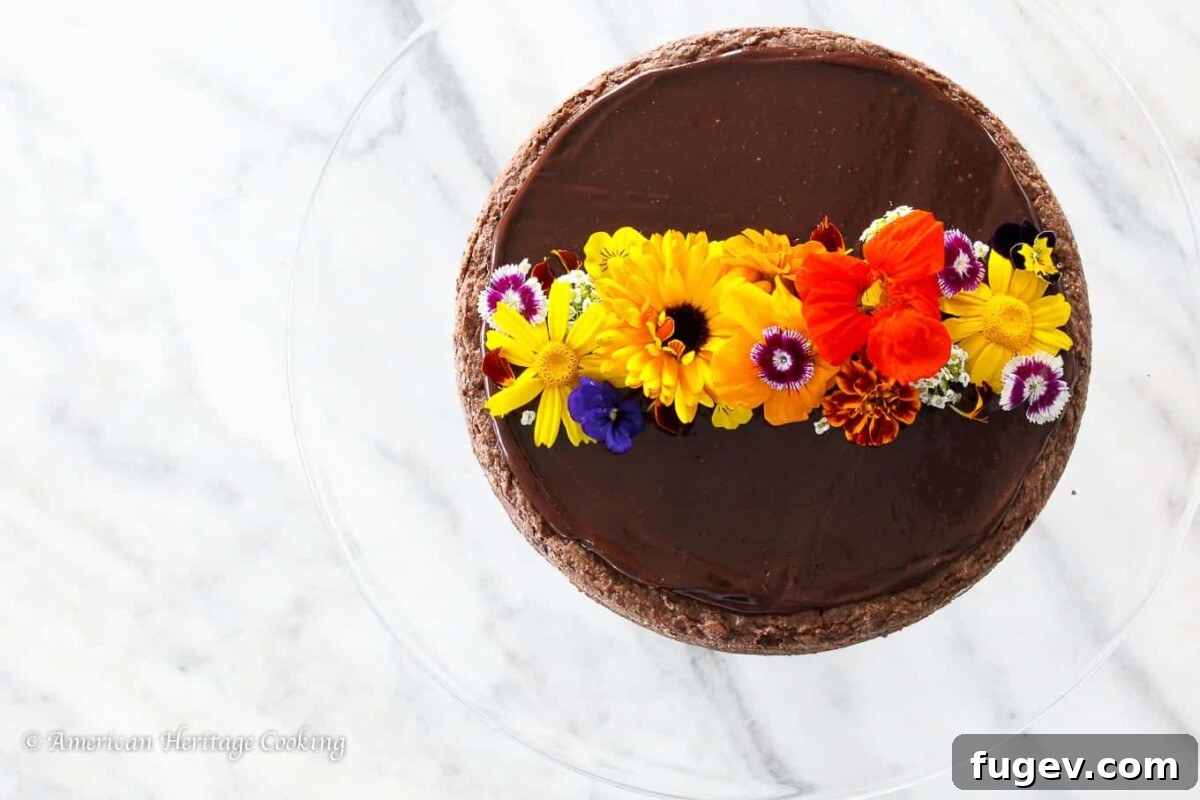 Decadent Flourless Chocolate Torte 4 Flourless chocolate torte on a white marble countertop.
