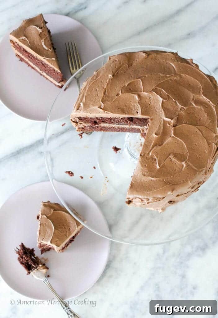 Velvet Chocolate Mayonnaise Cake 4 A top-down view of the beautifully frosted Chocolate Mayonnaise Cake, showcasing its smooth buttercream swirls.