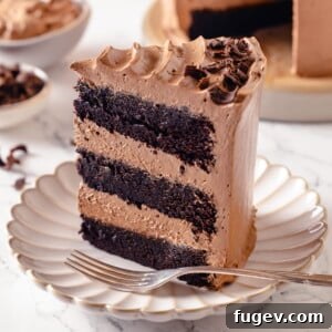 Close-up of a chocolate cake slice highlighting smooth buttercream between moist chocolate layers, ready for serving.