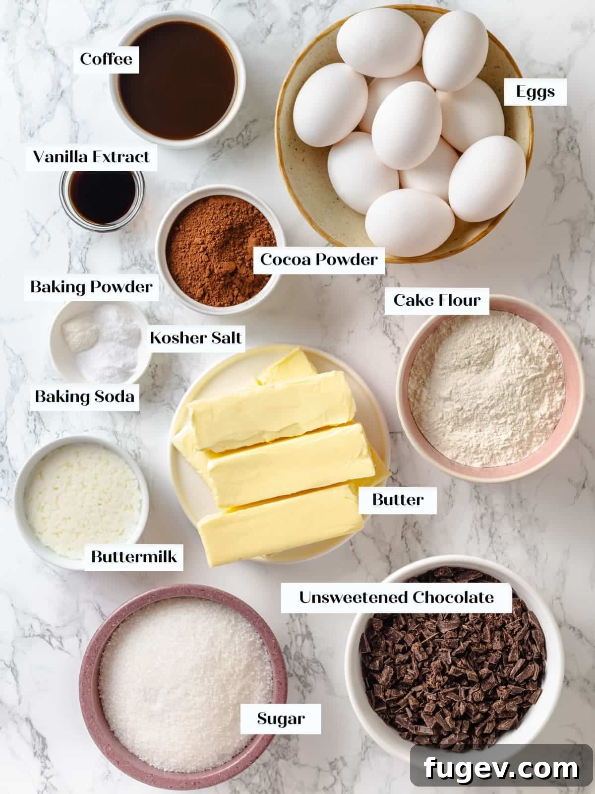 Sinfully Rich Chocolate Delight 4 Carefully measured ingredients for Devil’s food cake, including flour, cocoa, butter, eggs, and liquids, neatly arranged on a kitchen counter.