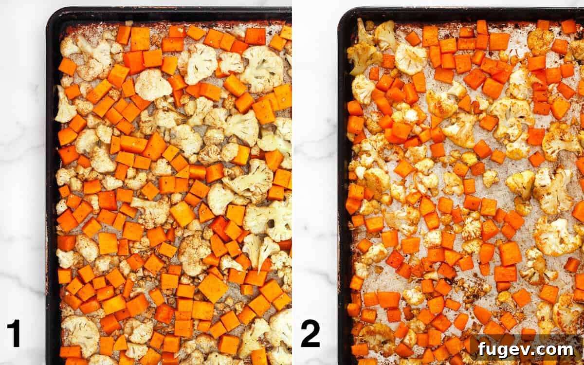 Hearty Roasted Butternut Squash and Cauliflower Quinoa 4 A two-part image showing butternut squash and cauliflower on a sheet pan before roasting, and then after roasting, perfectly golden and tender.
