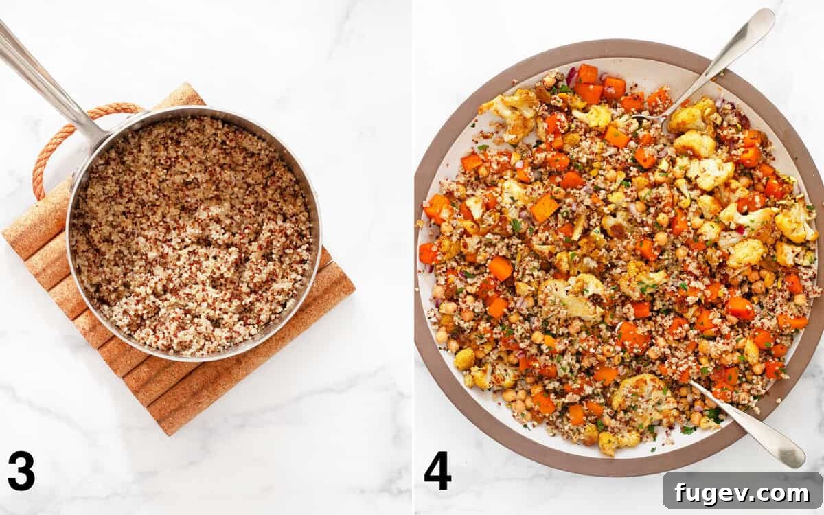 Hearty Roasted Butternut Squash and Cauliflower Quinoa 5 A two-part image showing fluffy cooked quinoa in a small pot, and a large bowl with the combined roasted butternut squash, cauliflower, quinoa, chickpeas, pistachios, raisins, red onions, and parsley, ready to be served.