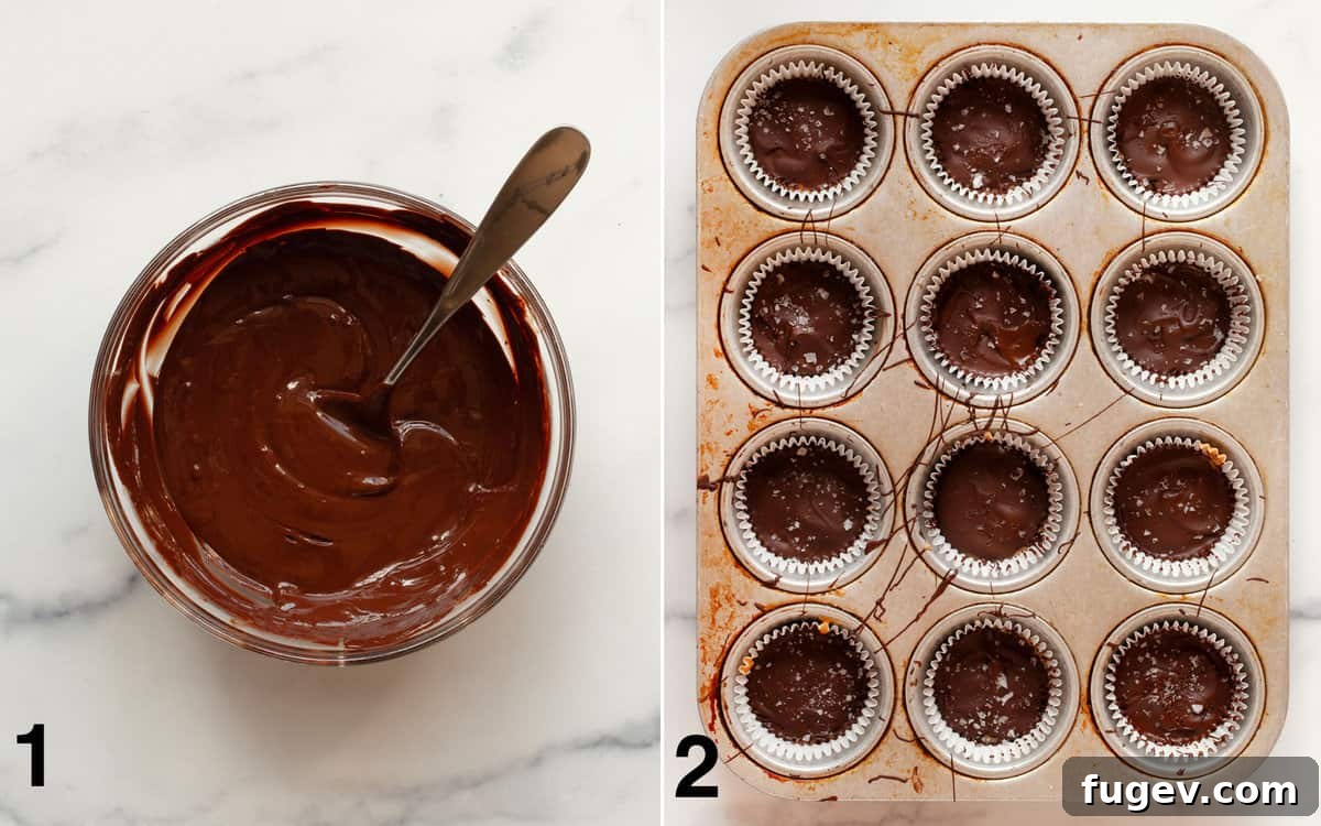 DIY Peanut Butter Delights 4 Melted chocolate in a bowl. Bottom chocolate layer spooned into muffin cups, creating the base for the peanut butter cups.