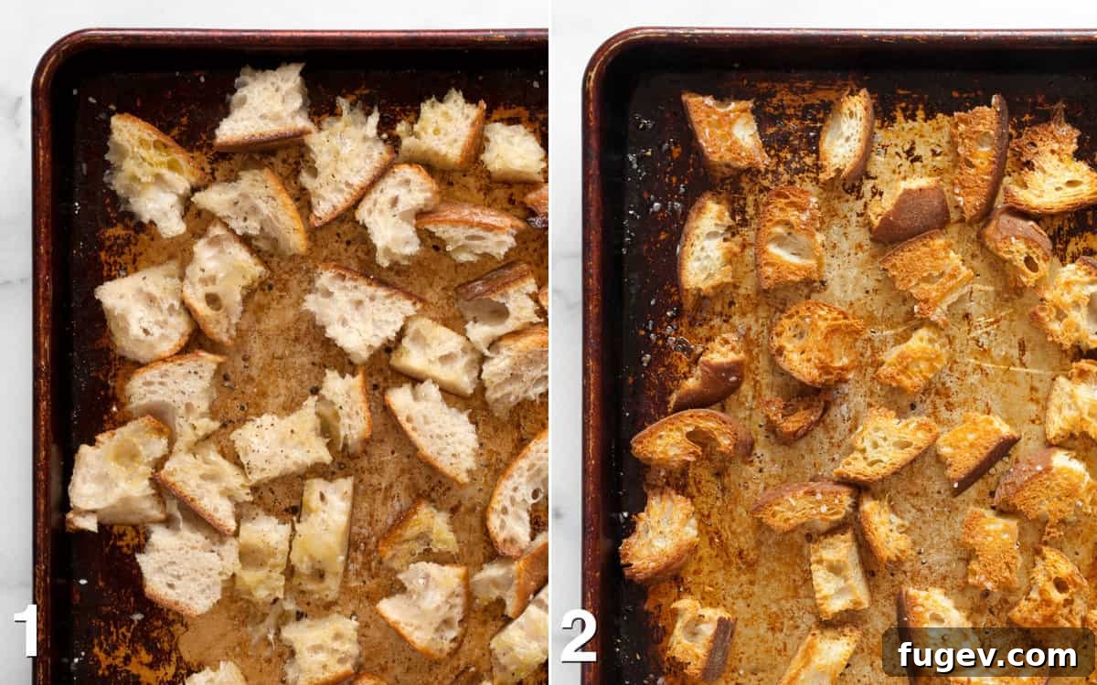 Rustic Tuscan White Bean Soup 4 Bread pieces on a sheet pan before and after toasting, showing the golden-brown crispness.