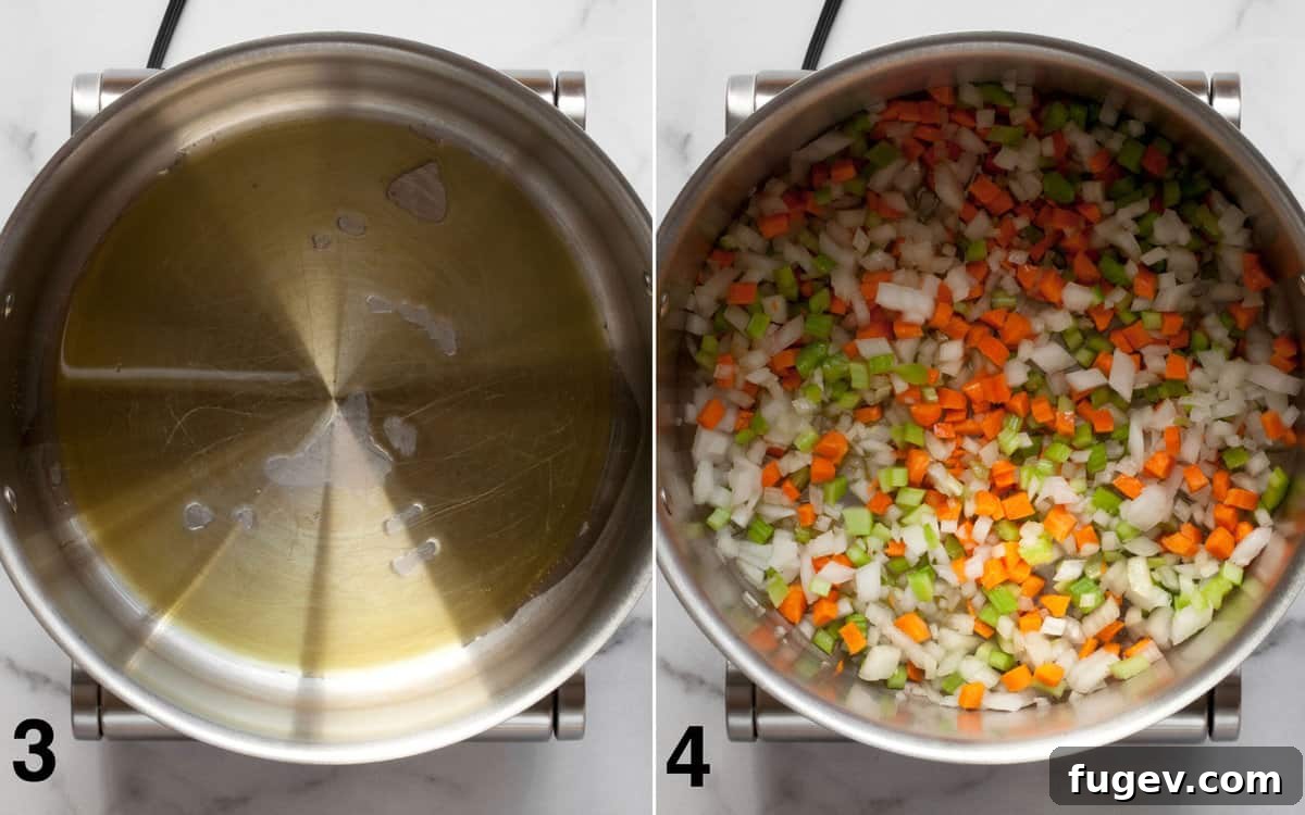 Rustic Tuscan White Bean Soup 5 Olive oil heating in a large saucepan, followed by carrots, onions, and celery sautéing in the pan until softened.