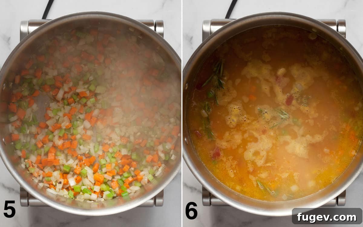 Rustic Tuscan White Bean Soup 6 Garlic and spices stirred into sautéed vegetables, followed by broth, tomatoes, and beans simmering in a pot.