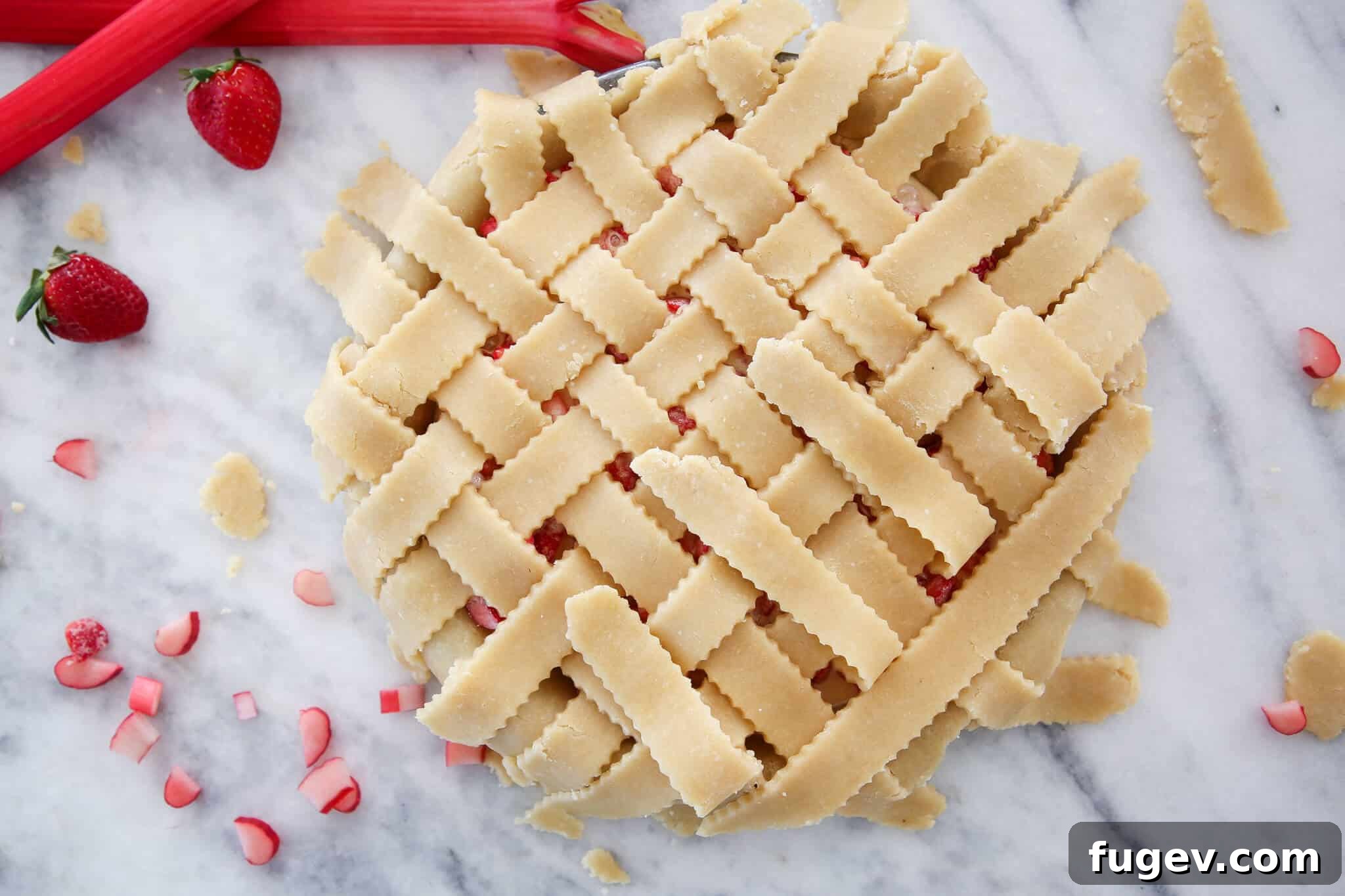 Nutty Almond Flour Pie Crust 4 Strawberry rhubarb pie with an intricate almond lattice crust, baked to golden perfection.