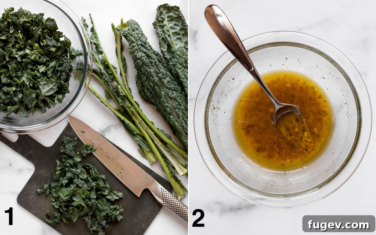 Crisp Apple Kale Salad 4 Visual steps: Kale leaves are separated from ribs and chopped. The vinaigrette is whisked in a small bowl.