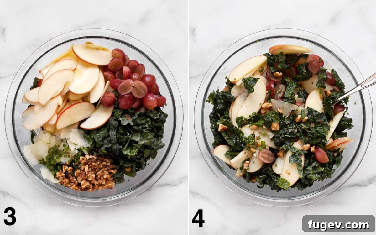 Crisp Apple Kale Salad 5 Assembled salad ingredients including apples, grapes, kale, and nuts are mixed in a large bowl.