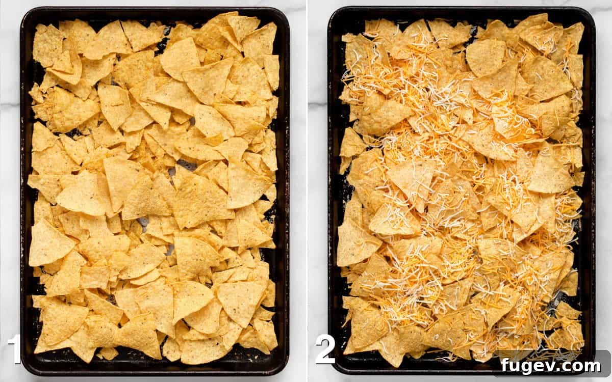 One-Pan Nacho Bake 3 Tortilla chips scattered on a sheet pan with a light sprinkle of cheese