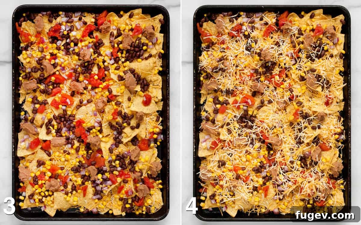 One-Pan Nacho Bake 4 Beans tomatoes and corn spooned onto chips. Final layer of cheese sprinkled on nachos before they bake.