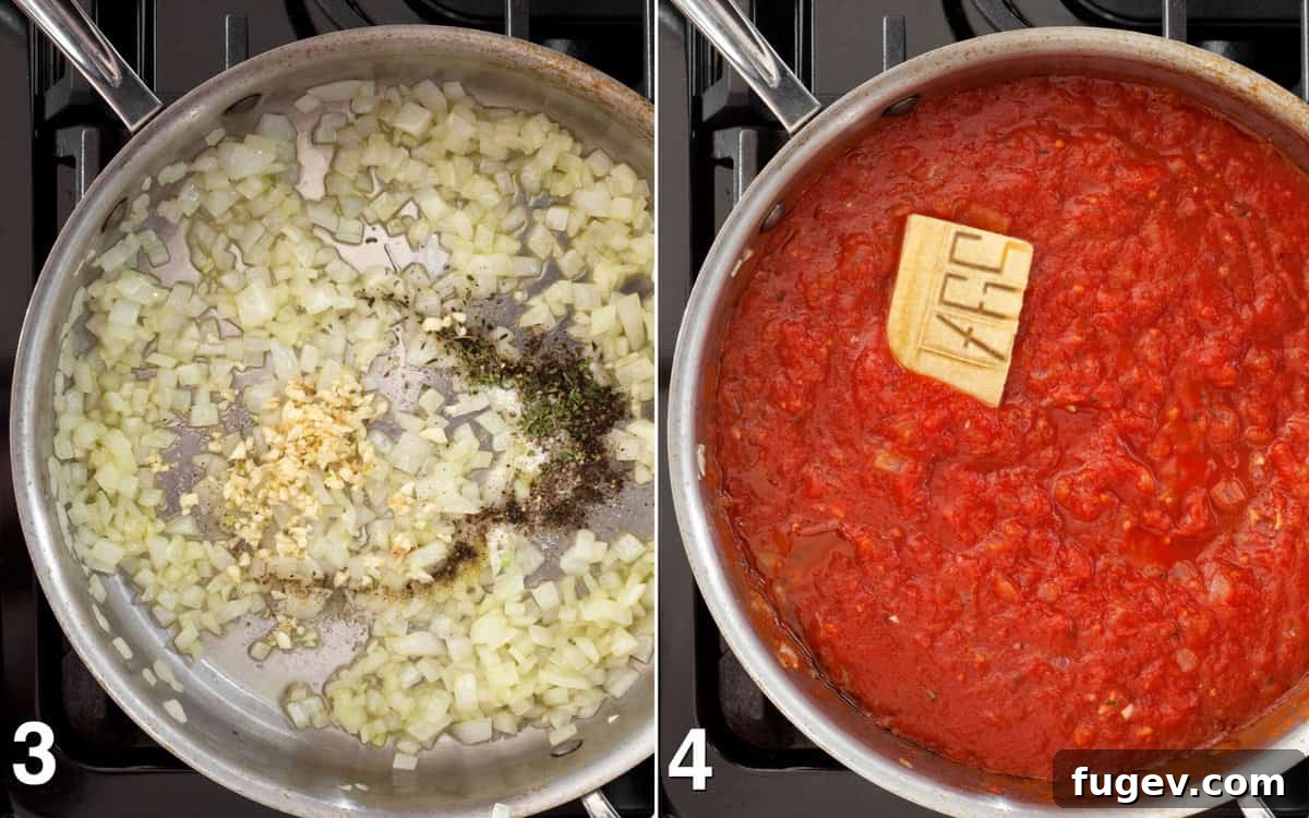 Hearty Rigatoni in Rustic Tomato Sauce 5 Minced garlic and dried spices are stirred into the softened onions, followed by crushed tomato sauce simmering gently in the skillet.