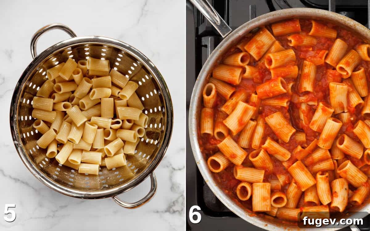 Hearty Rigatoni in Rustic Tomato Sauce 6 Cooked rigatoni pasta draining in a colander, and then being stirred into the rich tomato sauce in the skillet.