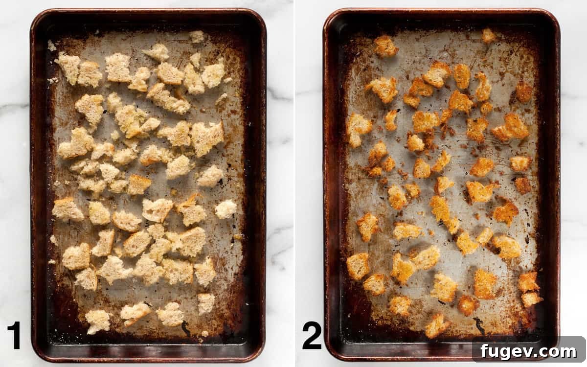 Shaved Brussels Sprout Caesar Salad 4 Before and after images of sourdough croutons on a sheet pan, illustrating the transformation from soft bread to golden brown, crispy croutons.