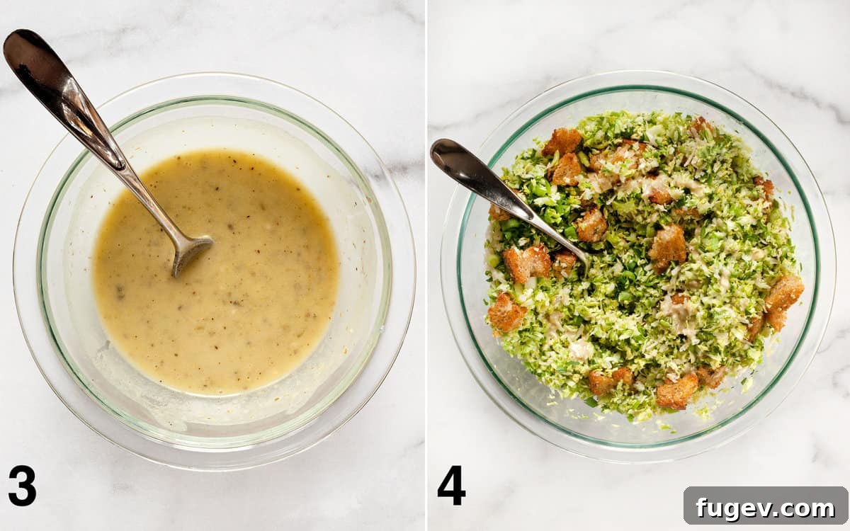 Shaved Brussels Sprout Caesar Salad 5 Two images: one showing the creamy Caesar dressing whisked in a small bowl, and the other displaying all salad ingredients (shredded brussels sprouts, parsley, scallions, Parmesan, and croutons) assembled in a large bowl before dressing.