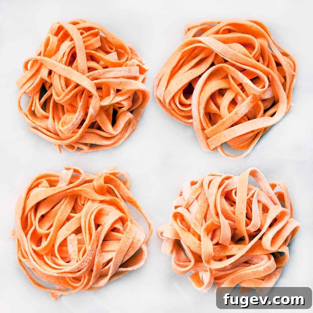 Vibrant Carrot Pasta 2 Fresh Carrot Pasta served with a light sauce and fresh herbs, showcasing its vibrant orange color.